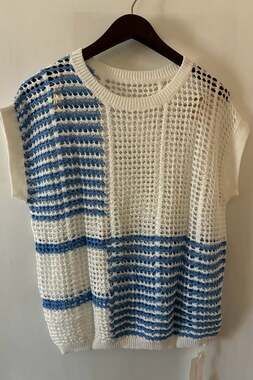 FISOEW Mixed Pattern Open Knit Crochet Striped Short Sleeve Sweater